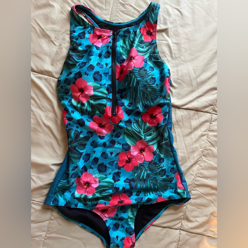 Tropical Floral Zip-Front One-Piece Swimsuit - Blue & Pink